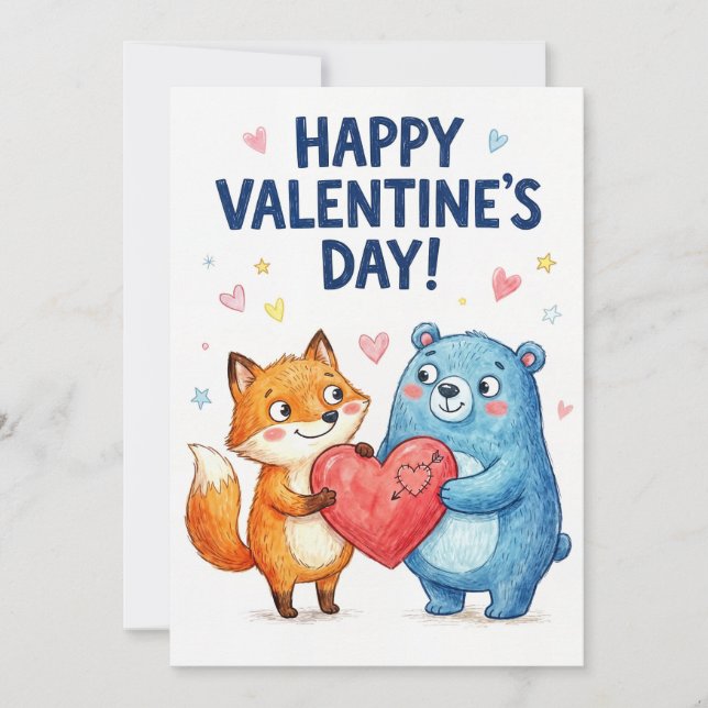 Happy Valentine’s Day - Cute Bear and Fox Love Holiday Card (Front)