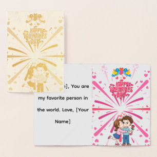 Happy Valentine’s Day Cute Couple Illustration  Foil Card