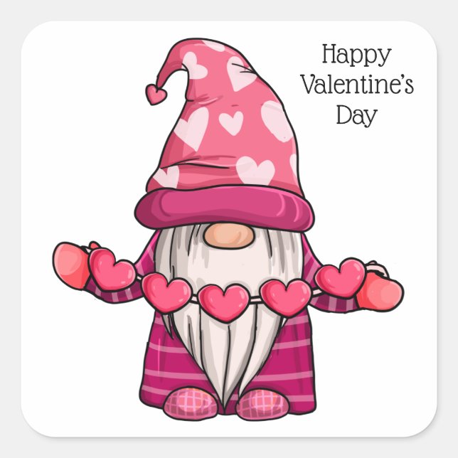 Happy Valentine’s Day Cute Gnome Square Sticker (Front)