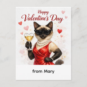 Happy Valentine’s Day – Glam Siamese Cat in Red Holiday Postcard