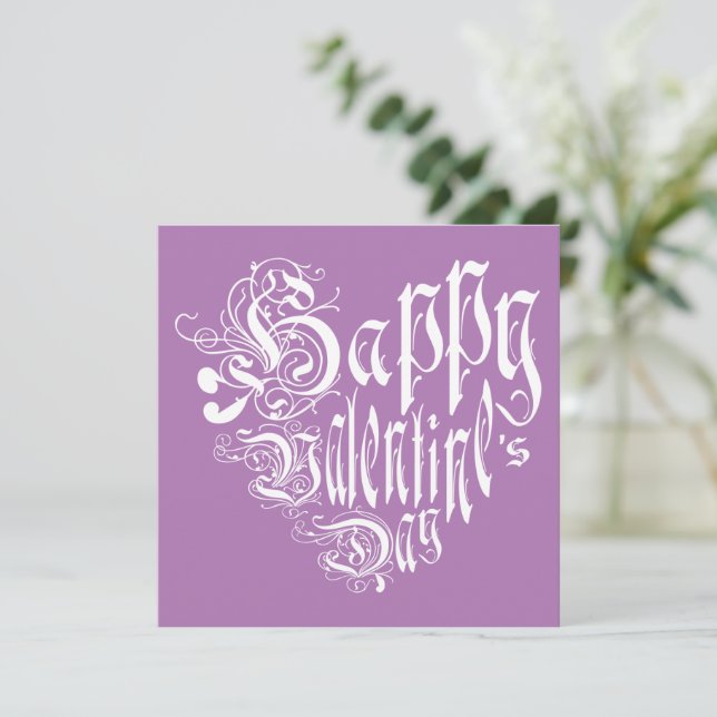 Happy Valentine’s Day heart in white on purple Holiday Card (Standing Front)