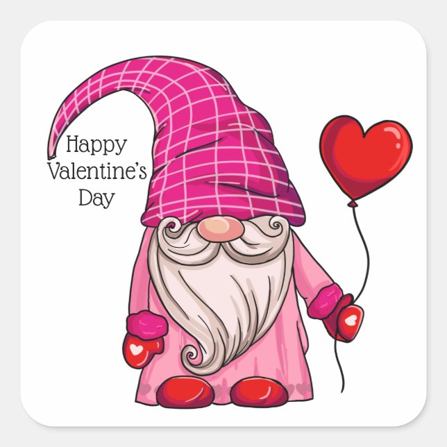 Happy Valentine’s Day Pink Gnome heart Balloon  Sq Square Sticker (Front)
