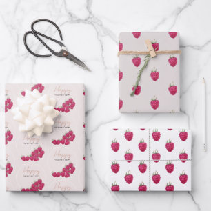 Happy Valentine`s day Raspberries Watercolor Wrapping Paper Sheet