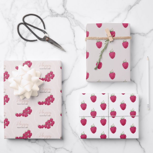 Happy Valentine`s day Raspberries Watercolor Wrapping Paper Sheet (Front)