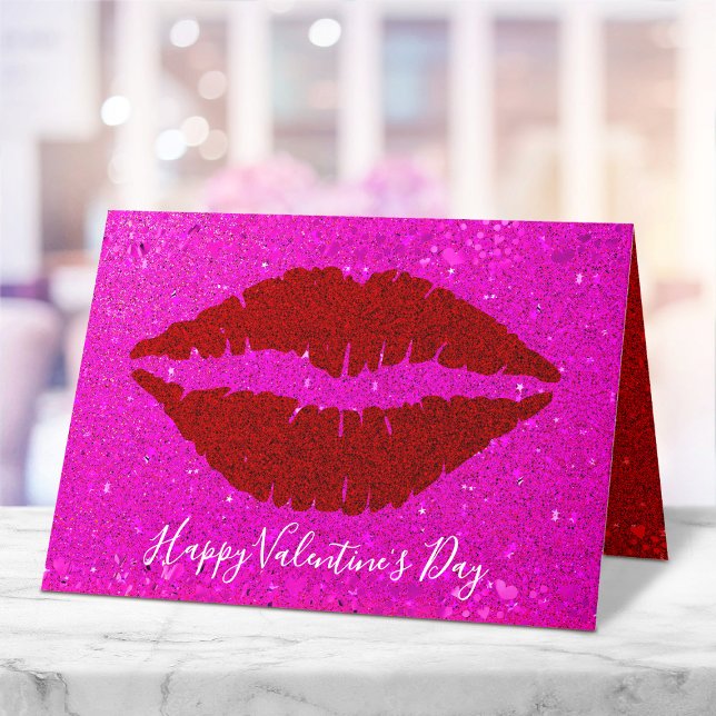 Happy Valentine’s Day Red Lips on Pink Glitter Holiday Card (Creator Uploaded)
