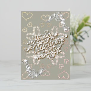 Happy Valentine’s Day silver lettering with roses Foil Holiday Card