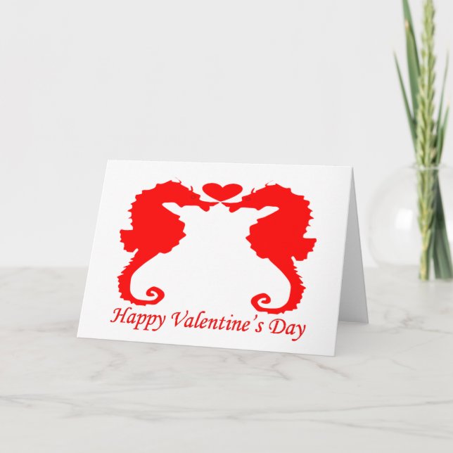 Happy Valentine Seahorse and Heart Holiday Card (Front)