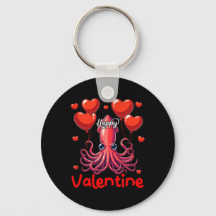 Happy Valentine Squid Holding Heart Balloons Lover Key Ring