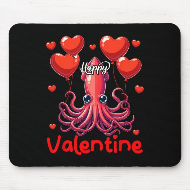 Happy Valentine Squid Holding Heart Bylloons Lover Mouse Mat (Front)