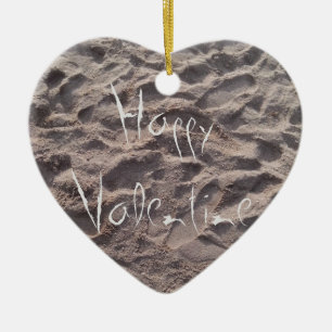 Happy Valentine text in sand, Sunny Beach Summer Ceramic Tree Decoration