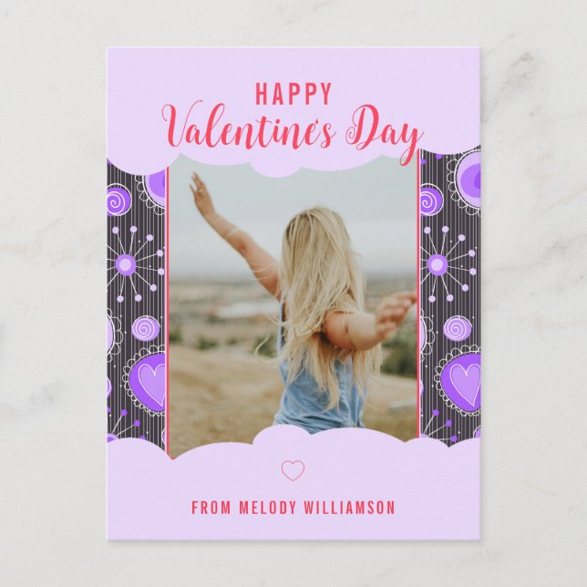 Happy Valentine Whimsical Purple heart flower Name Holiday Postcard (Front)