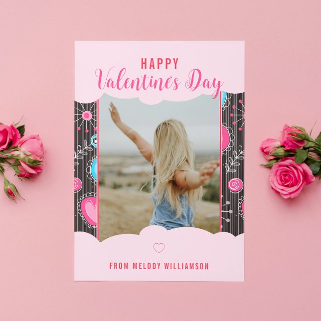 Happy Valentine Whimsy Pink Blue Heart Flower Name Holiday Card (Creator Uploaded)