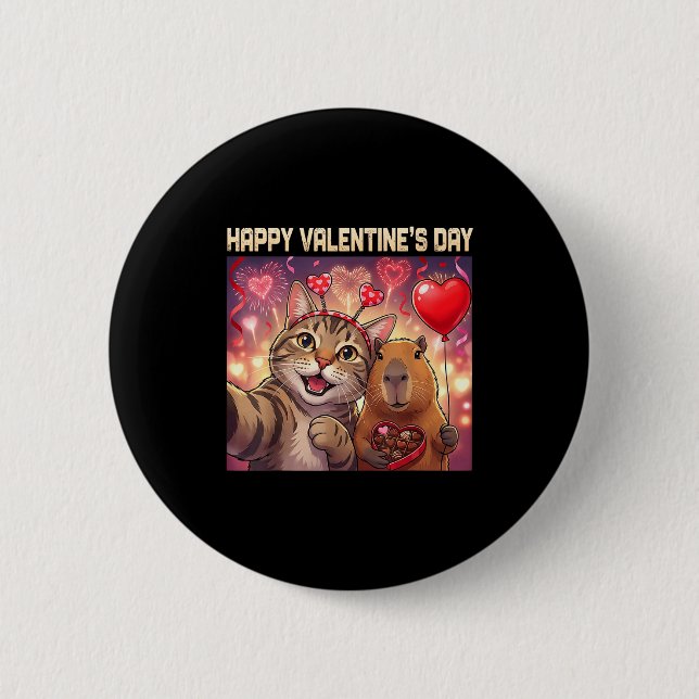 Happy Valentines 2026 Cute Cat Capybara Party Art  6 Cm Round Badge (Front)