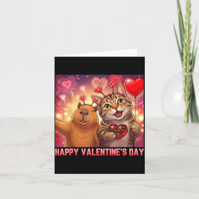 Happy Valentines 2026 Cute Cat Capybara Party Art  Card (Front)