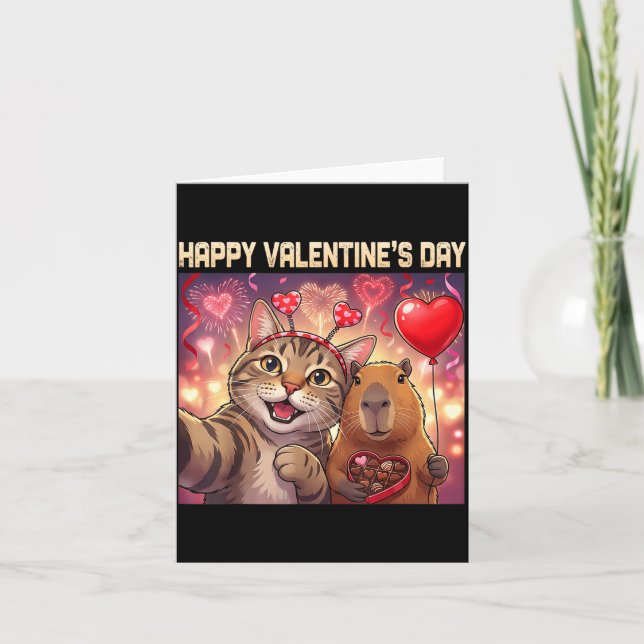 Happy Valentines 2026 Cute Cat Capybara Party Art  Card (Front)
