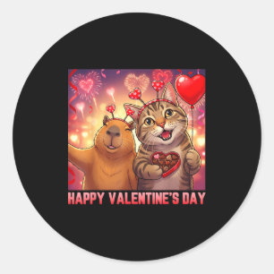 Happy Valentines 2026 Cute Cat Capybara Party Art  Classic Round Sticker