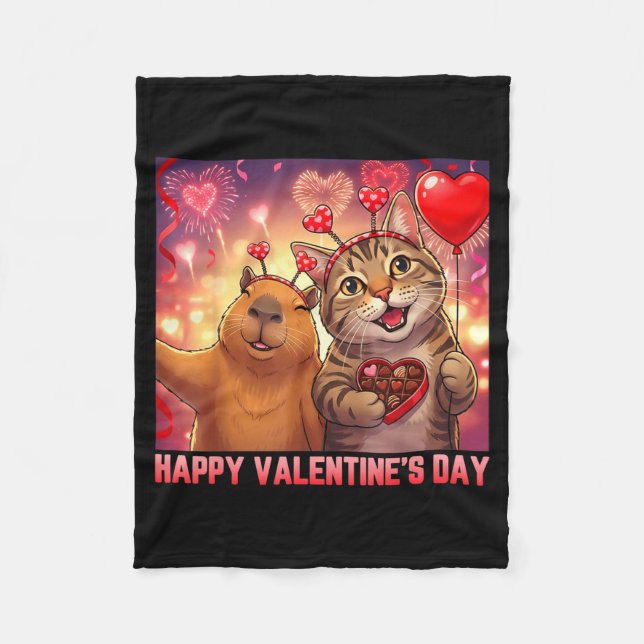 Happy Valentines 2026 Cute Cat Capybara Party Art  Fleece Blanket (Front)