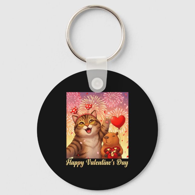 Happy Valentines 2026 Cute Cat Capybara Party Art  Key Ring (Front)