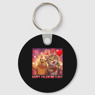 Happy Valentines 2026 Cute Cat Capybara Party Art  Key Ring