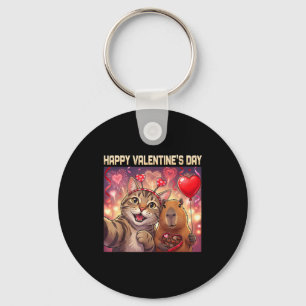 Happy Valentines 2026 Cute Cat Capybara Party Art  Key Ring