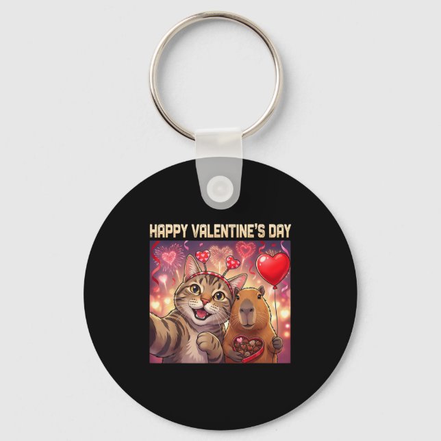 Happy Valentines 2026 Cute Cat Capybara Party Art  Key Ring (Front)