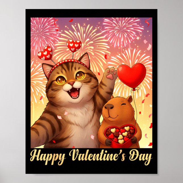 Happy Valentines 2026 Cute Cat Capybara Party Art  Poster (Front)