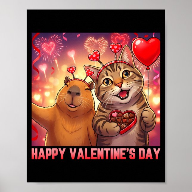 Happy Valentines 2026 Cute Cat Capybara Party Art  Poster (Front)