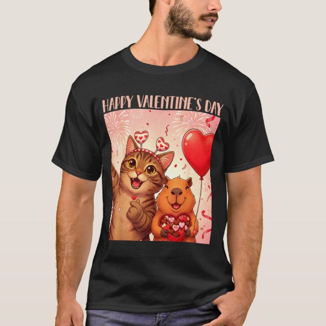 Happy Valentines 2026 Cute Cat Capybara Party Art  T-Shirt (Front)