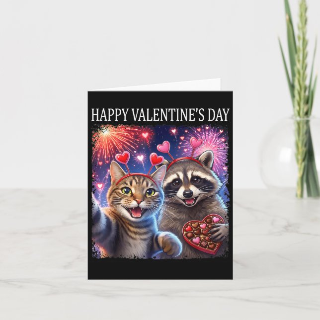 Happy Valentines 2026 Cute Cat Raccoon Party Art  Card (Front)