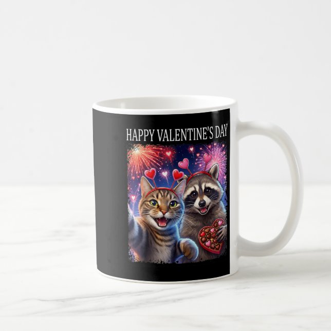 Happy Valentines 2026 Cute Cat Raccoon Party Art  Coffee Mug (Right)