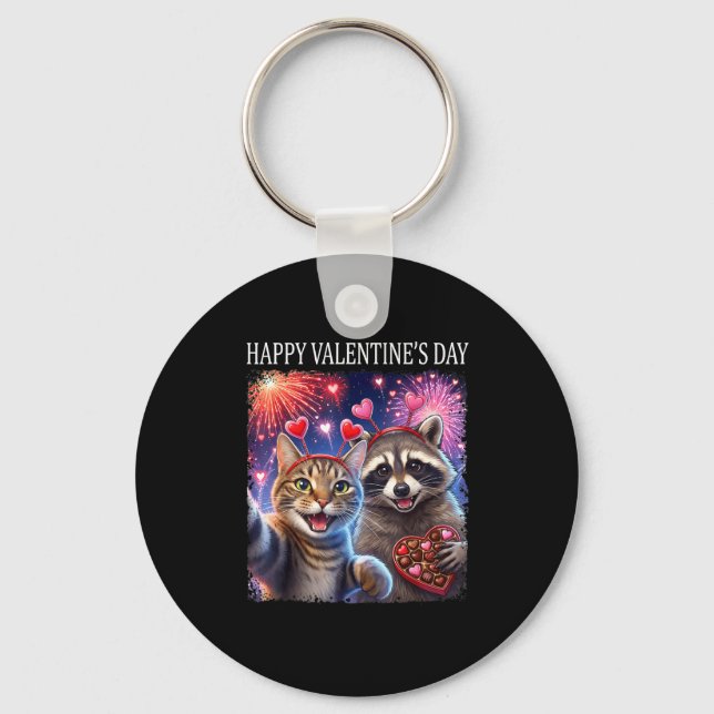 Happy Valentines 2026 Cute Cat Raccoon Party Art  Key Ring (Front)