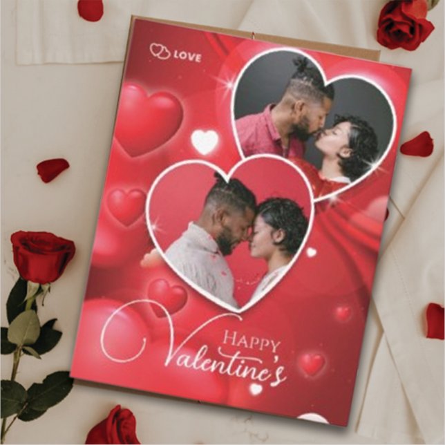 Happy Valentine's 2 Photo Collage Red  Hearts Holiday Card (Creator Uploaded)