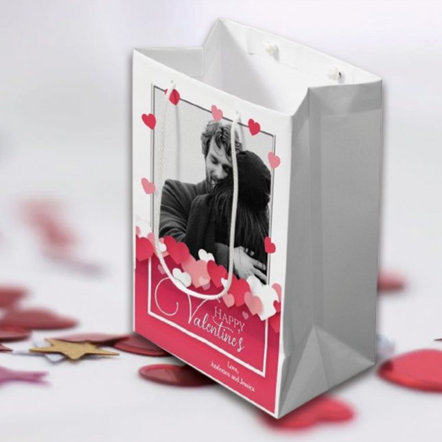 Happy Valentine's 2 Photo Collage Red Pink Hearts Medium Gift Bag (Creator Uploaded)