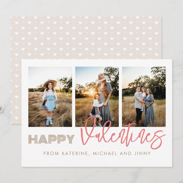 Happy Valentines 3 Photo Collage Family Card (Front/Back)