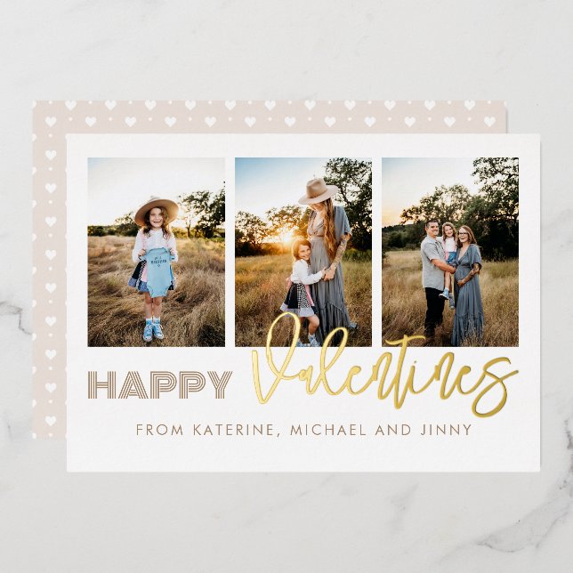 Happy Valentines 3 Photo Collage Family Card (Front/Back)