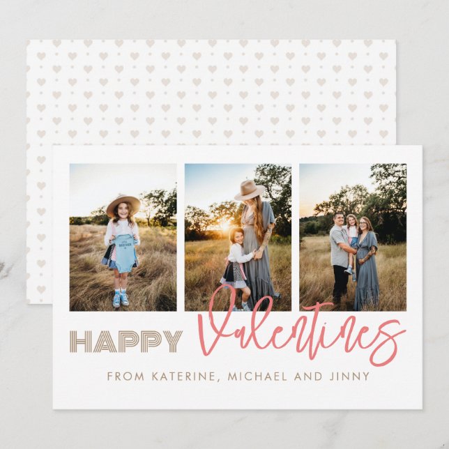 Happy Valentines 3 Photo Collage Family Card (Front/Back)