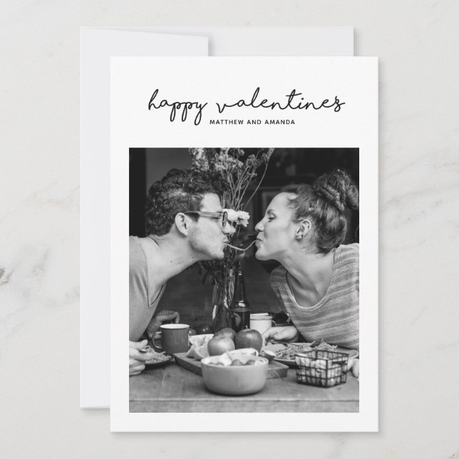 Happy Valentines. Black and white modern script Holiday Card (Front)