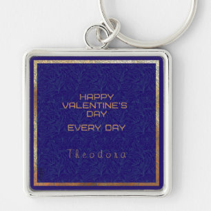 Happy Valentine's Blue Watermark Gold Frame Text Key Ring