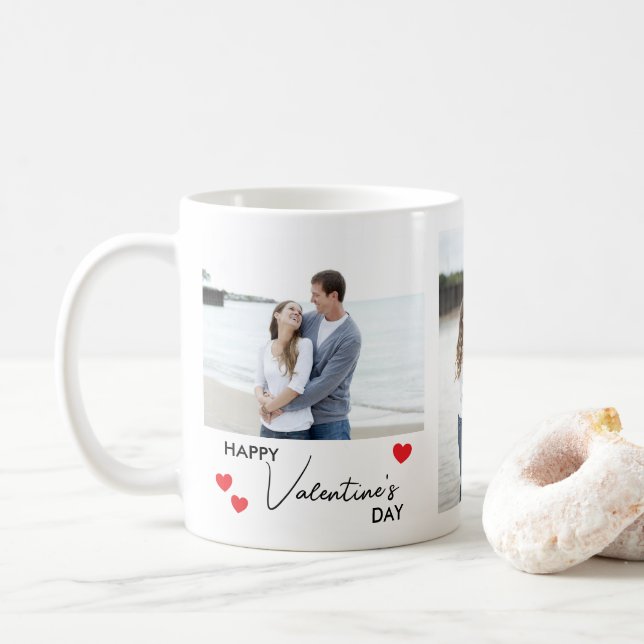 Happy Valentines Day 3 Photo Collage Custom Names Coffee Mug (With Donut)