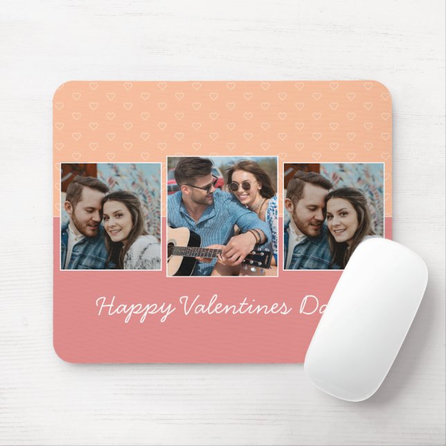 Happy Valentines Day 3 Photo Heart Pattern Mouse Mat (With Mouse)