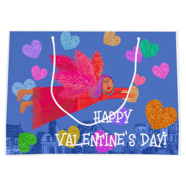 Happy Valentine's Day Angel and Hearts Large Gift Bag (Front)
