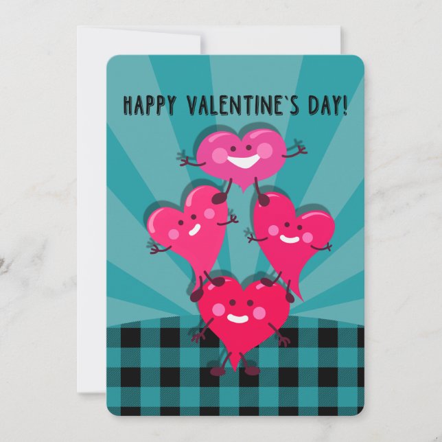 Happy Valentine's Day! Aqua, Black Buffalo Plaid Holiday Card (Front)