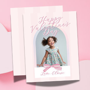 Happy Valentine's Day Arch Photo Pink Strip Bow Holiday Card