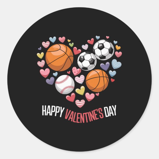 Happy Valentines Day Basketball Baseball Football  Classic Round Sticker (Front)