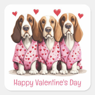 Happy Valentines Day Basset Hound Dogs Square Sticker