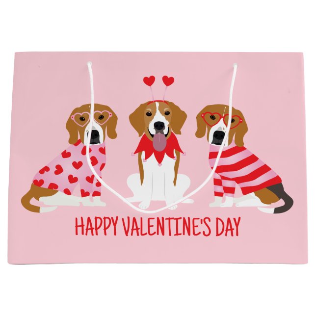 Happy Valentines Day Beagle Dogs Large Gift Bag (Front)