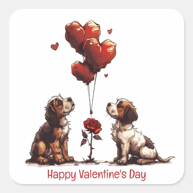 Happy Valentines Day Beagle Dogs Square Sticker (Front)