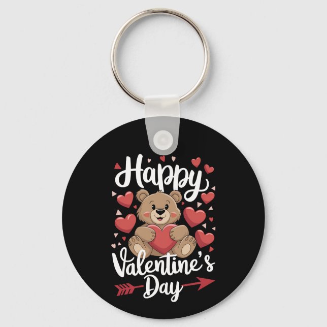 Happy Valentine's Day Bear Heart Cute Couples Key Ring (Front)