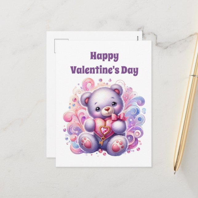 Happy Valentine's Day bear kids Holiday Postcard (Front/Back In Situ)
