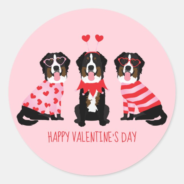 Happy Valentines Day Bernese Mountain Dogs Classic Round Sticker (Front)